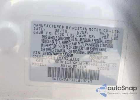 2018 Nissan Versa 1.6 Sv z USA, uszkodzony, nr VIN 3N1CN7AP3JL863269